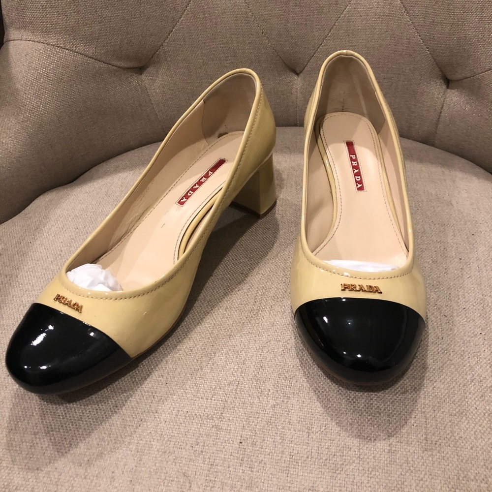 Prada Navy and Cream Cap Toe Block Heel Pumps